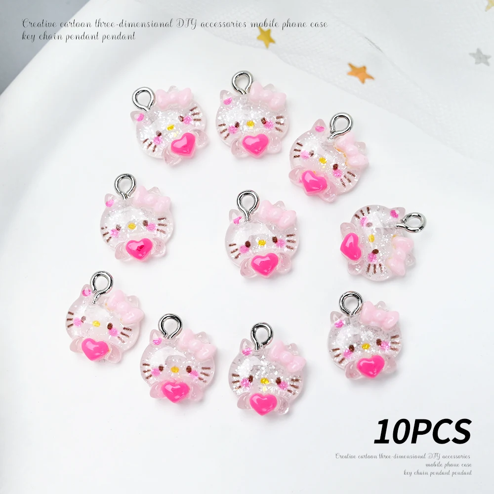 10 peças kit de amuletos de unhas kawaii sanrioed kuromi hellokitty, design de resina com parte traseira lisa brilhante/fosco para pingente de colar de capa de telefone de unha #