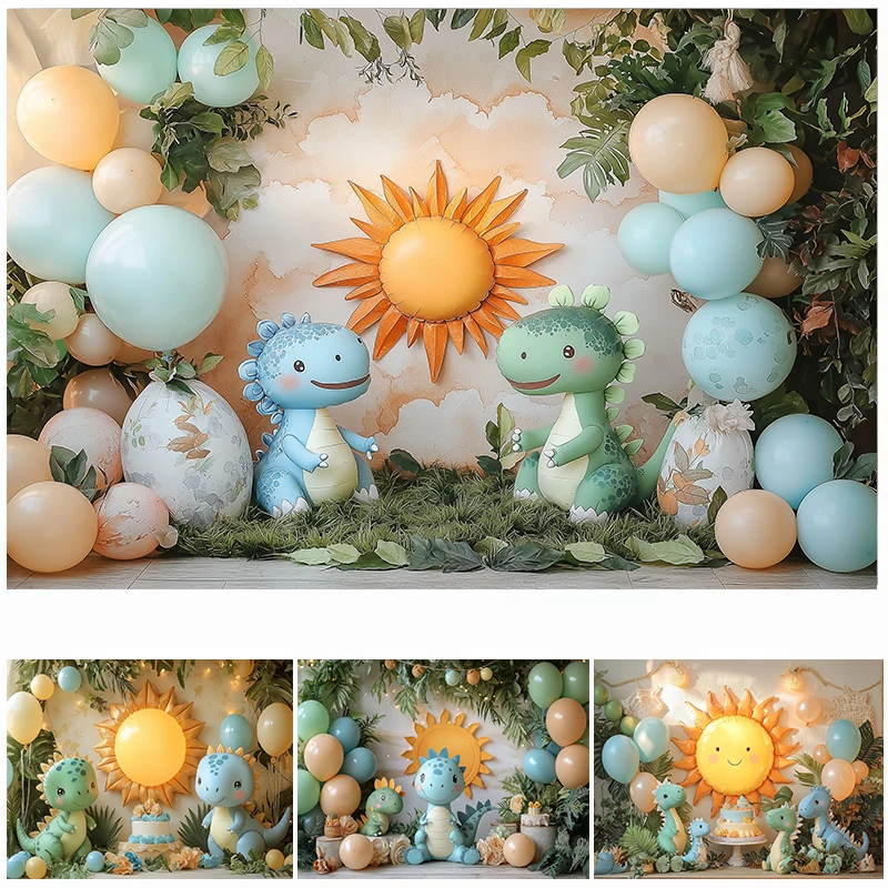 

LS Photography Background Cute Dinosaur Palm Leaf Balloon Decoration Backdrops Baby Shower Cake Smash Studio Props Banner