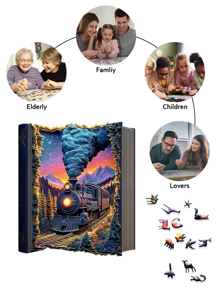 "Puzzle en bois de train |   Jeu de cerveau stimulant avec des pièces coupées irrégulières • Construction en bois durable • œuvres d'art colorées et int