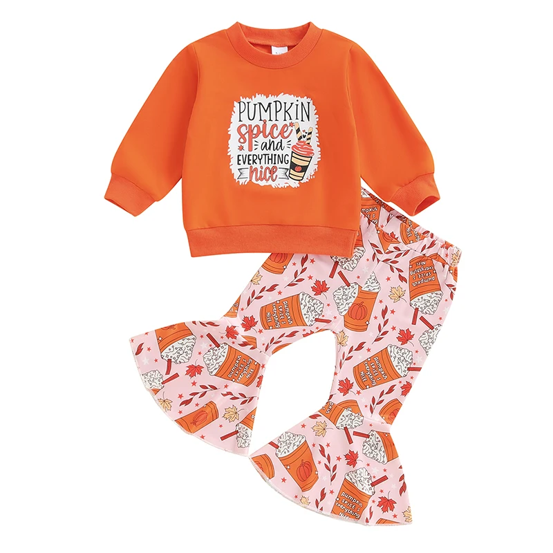 

BULINGNA Toddler Baby Girl Halloween Outfit Pumpkin Spice And Everything Nice Sweatshirt Shirt Flare Pants 2Pcs Fall Clothes