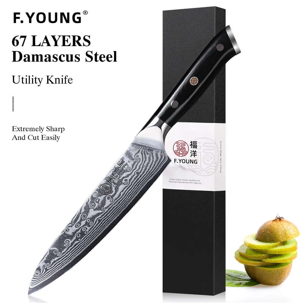 F.YOUNG 5 Inch Kitchen Utility Knife 67 Layer Damascus Steel Chef Fruit Peeling Knife Vegetable Knife Kitchen Tools G10 Handle