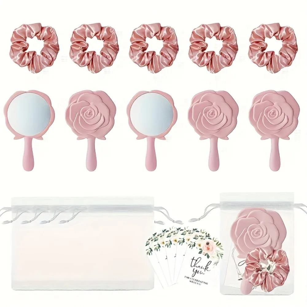 20 piezas/5 sets de regalo para despedida de soltera, espejo de rosa, bolsa de organza, tarjeta de agradecimiento, lazo para el pelo, recuerdo para fiesta de 15 años