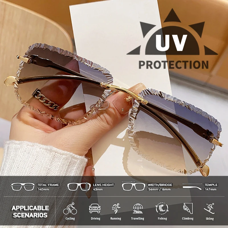 Rimless Square Sunglasses Women Men Trendy Luxury Brand Design Sun Glasses Fashion Vintage Metal Diamond Cutting Eyewear