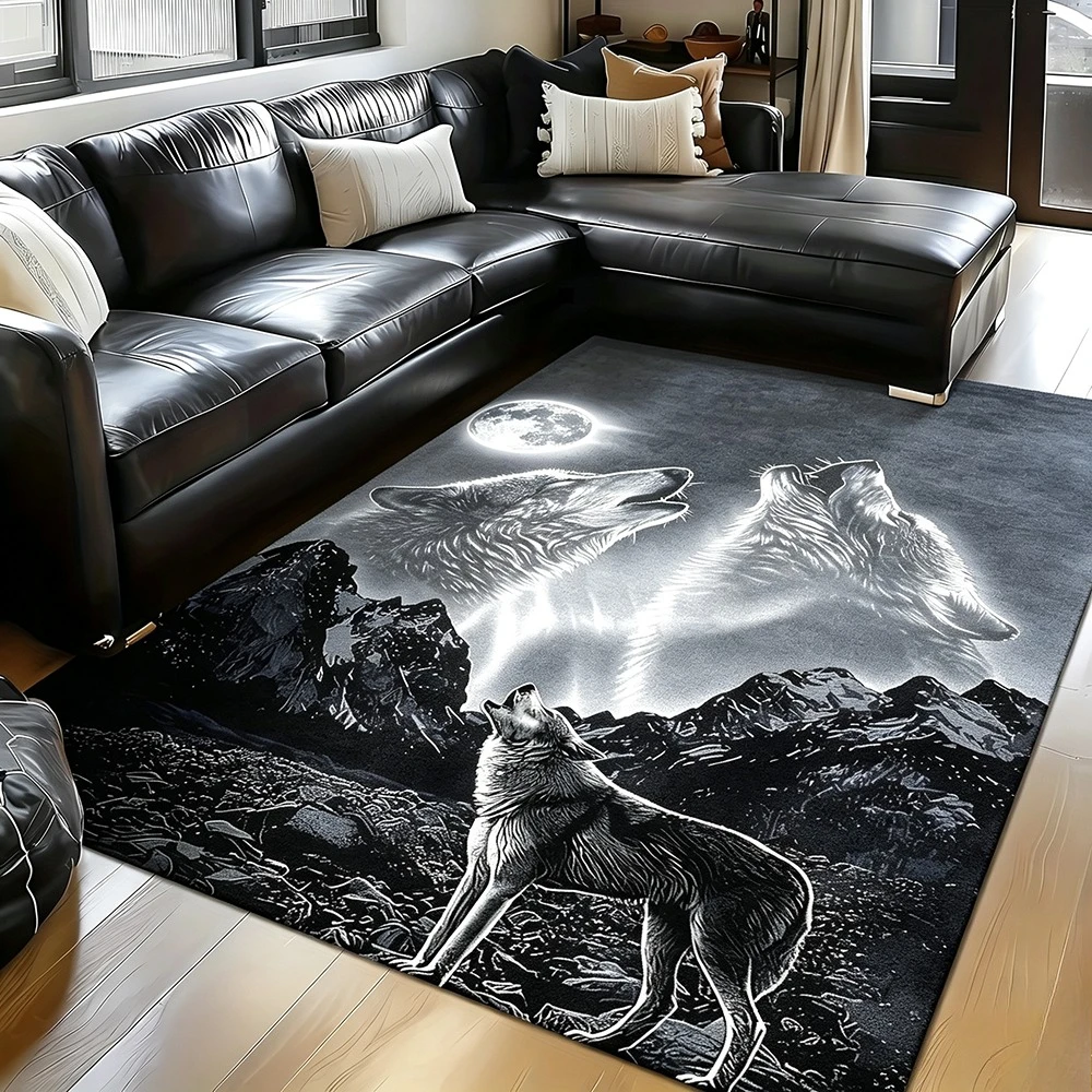 Howling Wolf Rug Wild Animal Wilderness Mountain Moon Floor Mat Soft Carpet for Living Room Bedroom Game Room Indoor Home Decor