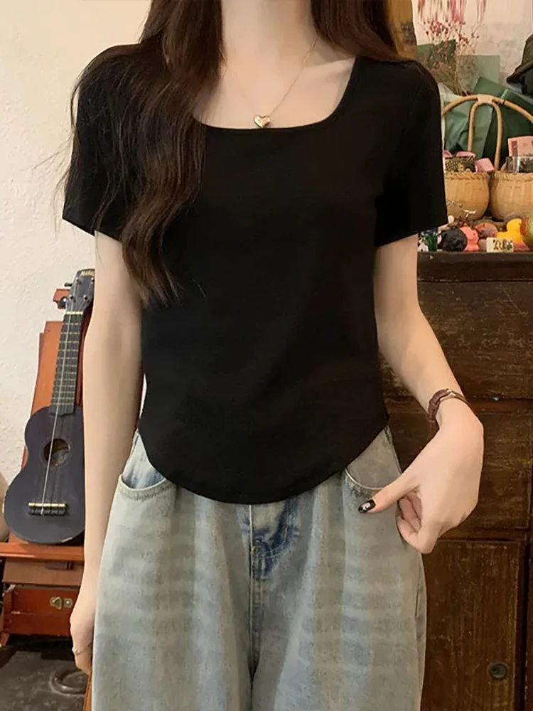 Black U-Neck Short Sleeve T-Shirt Women's Summer Fashion Slimming Top Arc Hemline Korean Style Commute Casual Polyester Blend