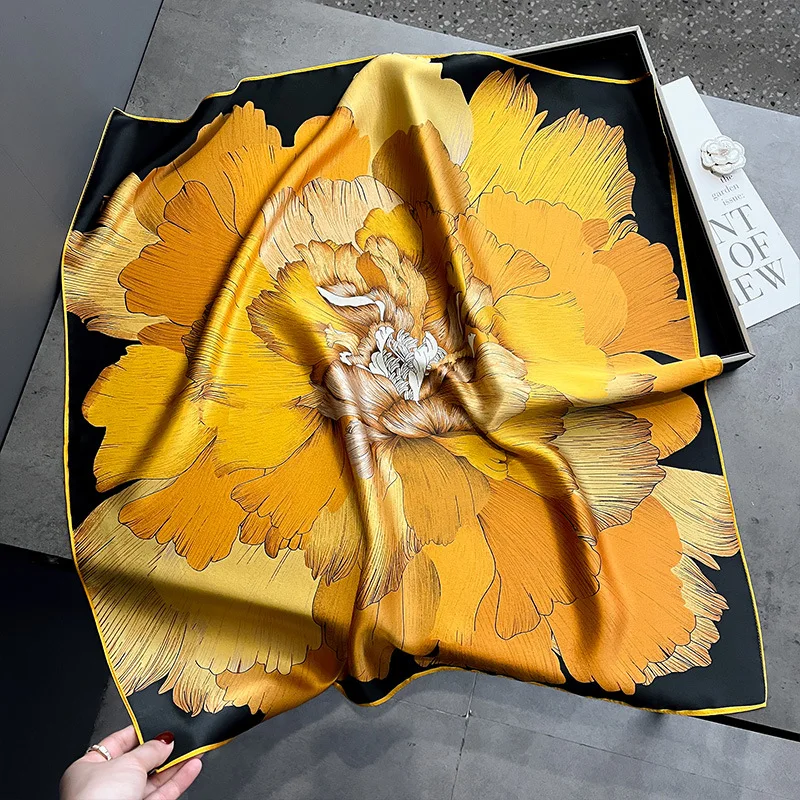 100% Silk Black Yellow Peony Small Square Scarf Silk Scarf Women's Spring and Autumn Decoration Scarf Shawl