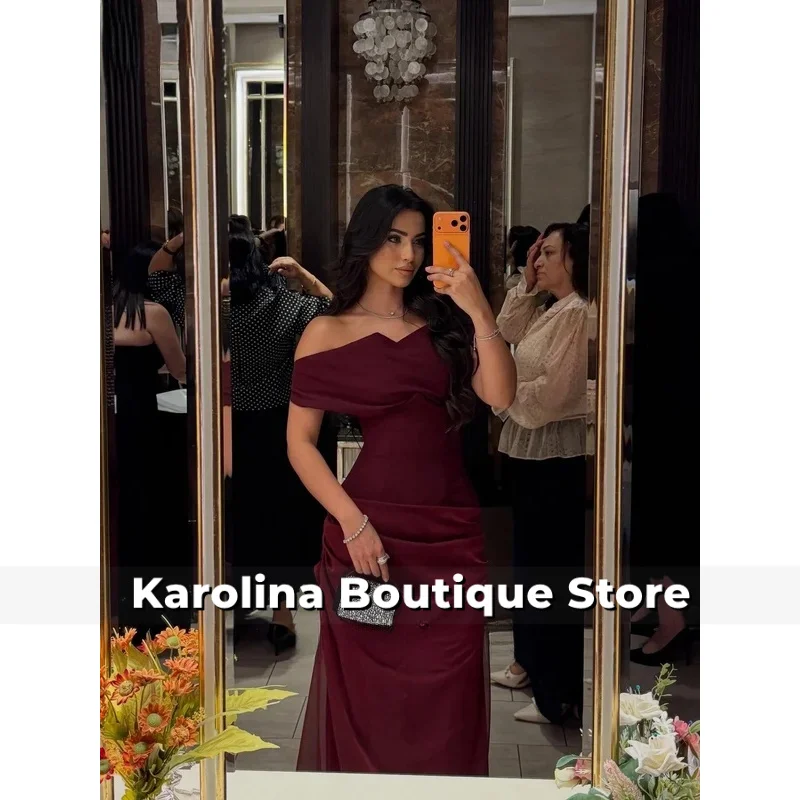 Bourgondische crêpe avondjurk uit de schouder zeemeermin formele gelegenheidsjurk Saoedi-Arabië maxi galajurk op maat