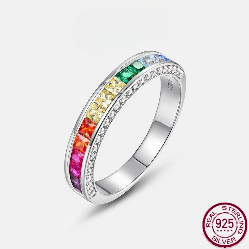 

New S925 Pure Silver Summer Fresh Rainbow Zircon Ring Multi Color Treasure Ring European and American Simple Wedding Jewelry