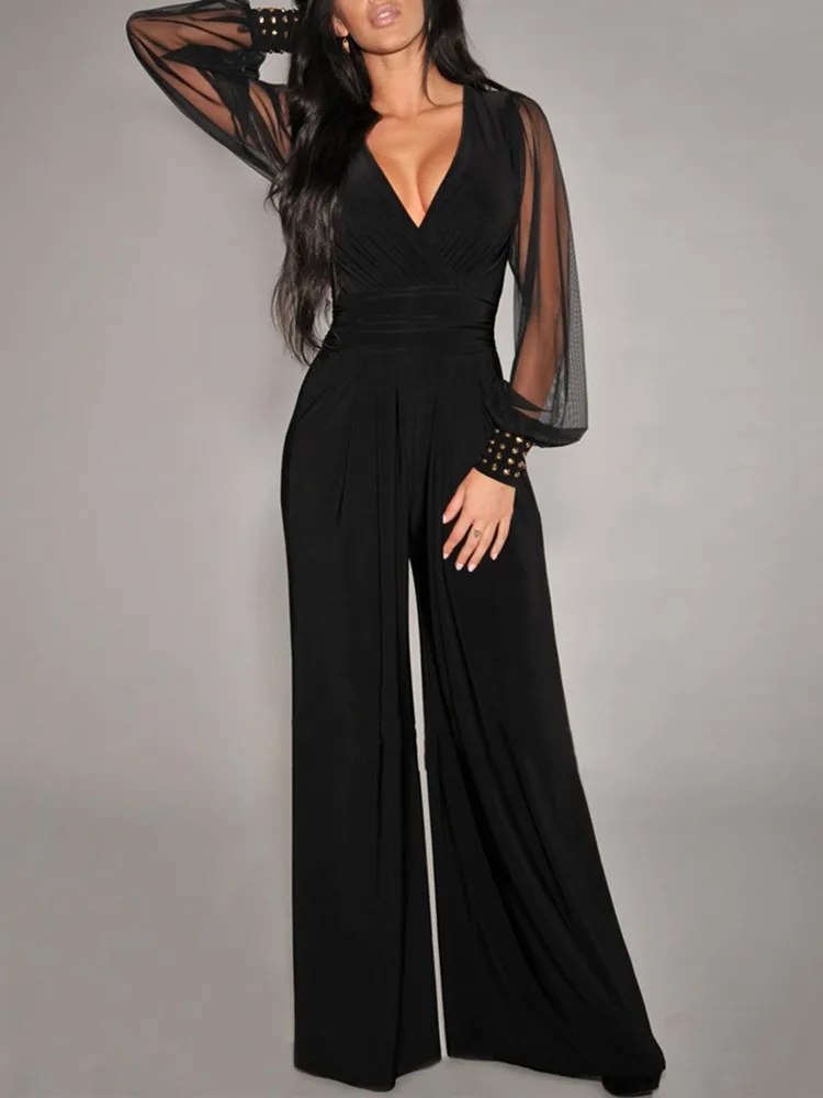 Spring Autumn 2024 Women's New Sexy V-neck Fashion Mesh Splicing Riveted Long Sleeve Straight Tube Jumpsuit Pants