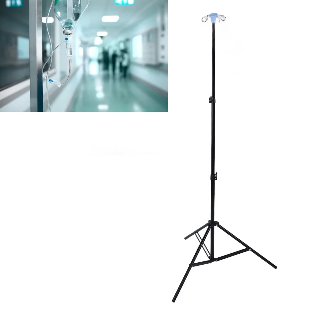 Adjustable Height IV Pole Stand Carbon Steel 4 Hooks 3 Legs Infusion Stand Space Saving Stainless Steel Collapsible IV Pole
