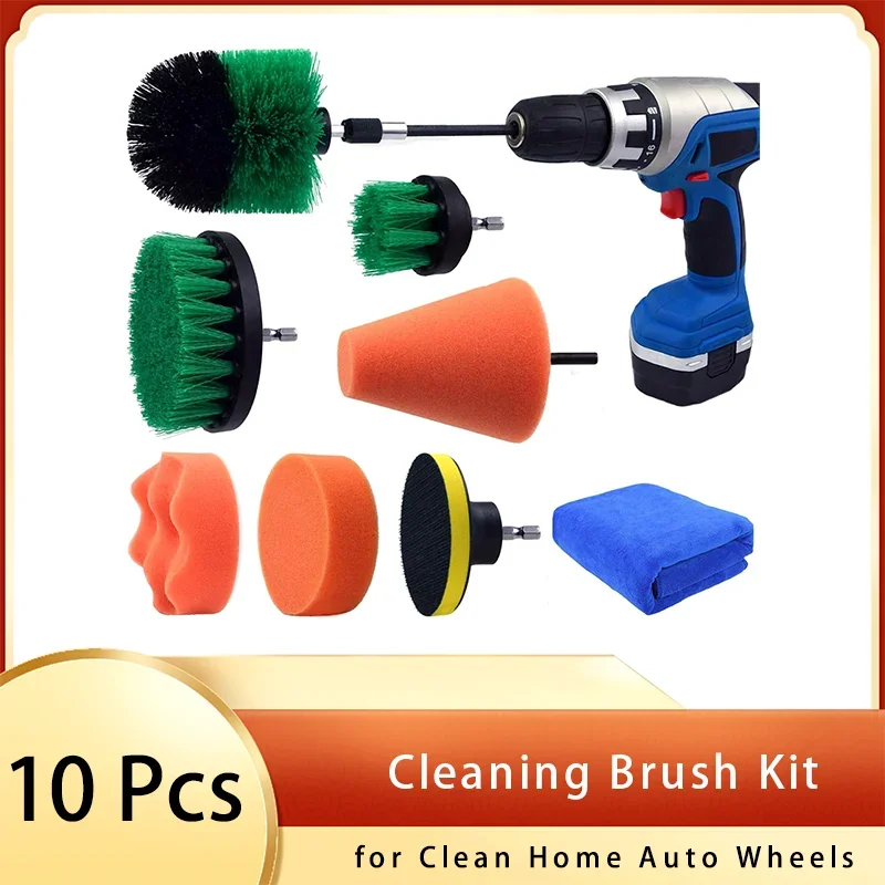 Cleaning Brush Kit 10 Pcs with Polishing Sponge Cone Power Brush for Clean Home Auto Wheels Seats Carpet Tiles Hubs Care Buffing