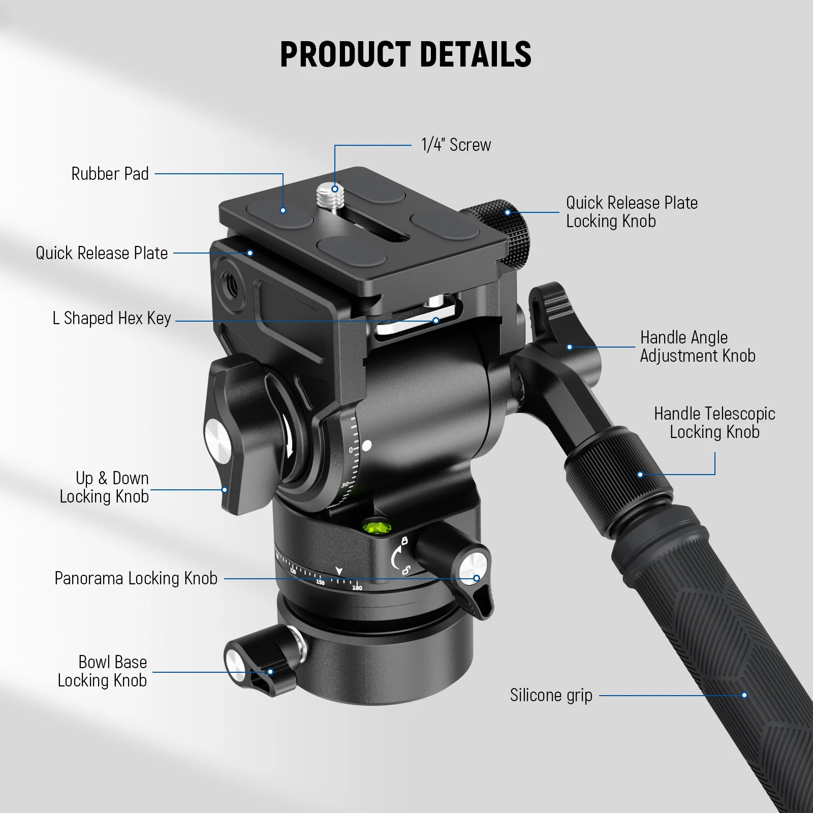 NEEWER GM35 cabezal fluido para trípode con Base niveladora, Mini cabezal de vídeo Pan Tilt de Metal, mango telescópico de montaje para cámara DSLR