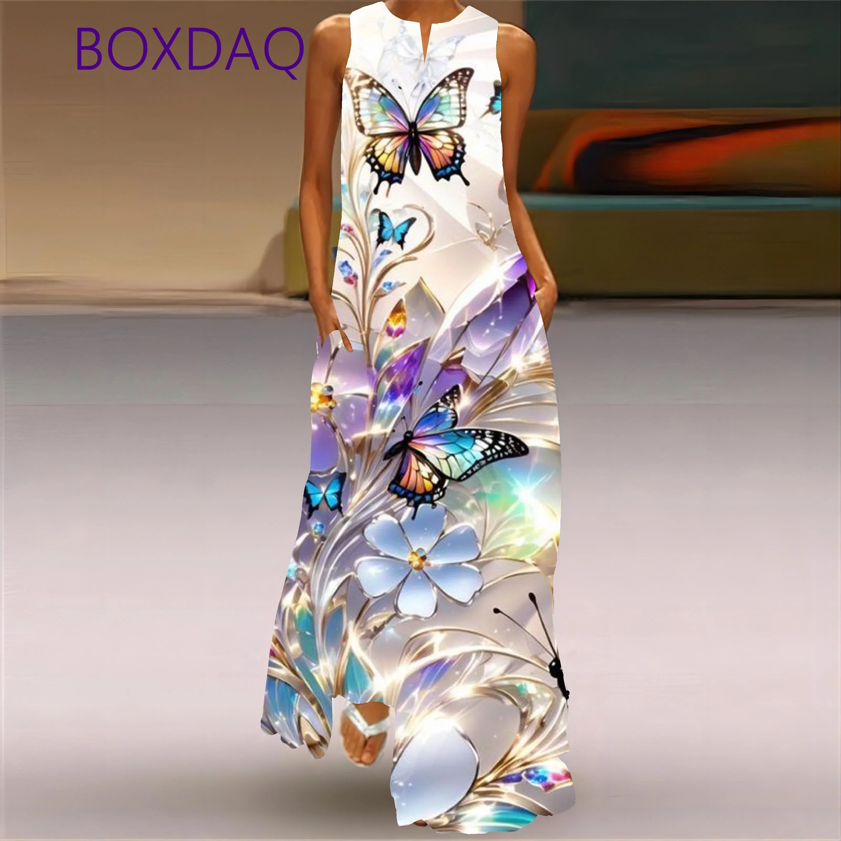 Large Size 3XL Women Long Dress Summer Vintage 3D Butterfly Printed Maxi Dresses For Women Sleeveless V-neck Loose Casual Robe
