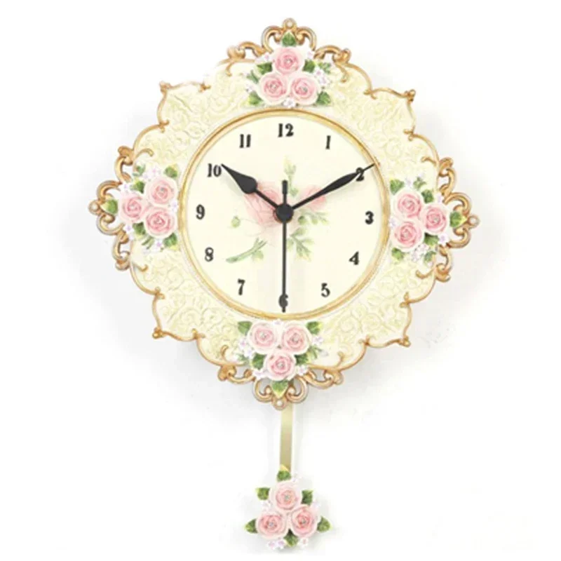 Luxury Pink Wall Clock Vintage Swing Pendulum Clock Wall Creative Living Room Bedroom Watch Silent Shabby Chic Wall Clocks Resin