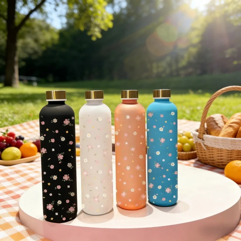 Garrafa de água com padrão floral impresso em 3D - grande capacidade de 1000ML, design estereoscópico bonito, resistente ao desbotamento, à prova de arranhões, Leakpro
