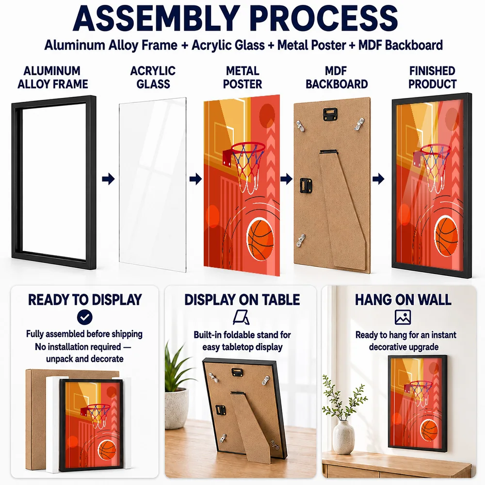 Basketball Hoop Framed Aluminum Metal Poster Personalized Graphic Design Wall Art For Sports Lounge And Clubhouse Reception Area