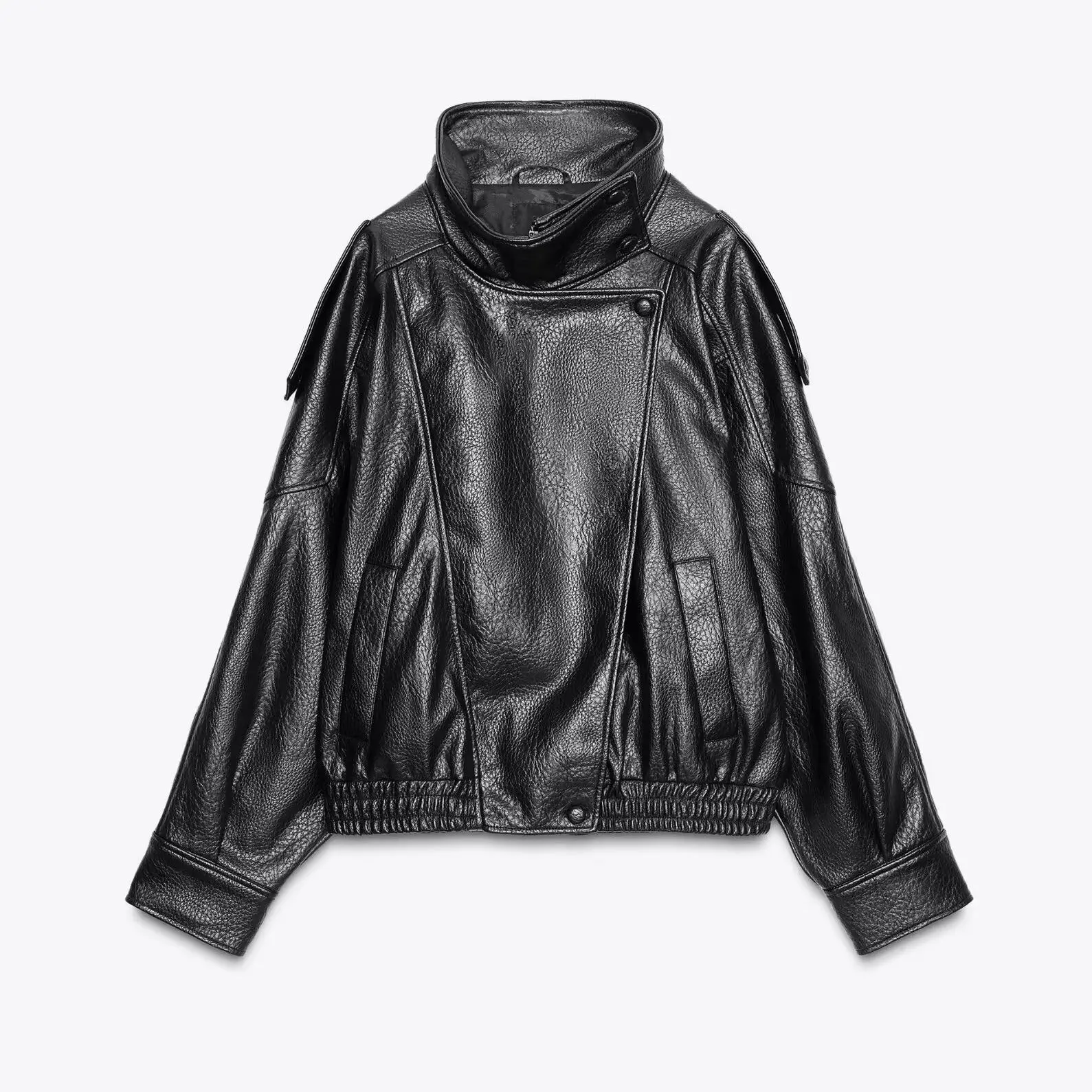 เสื้อโค้ทผู้หญิงทรงหลวม ผ้าหนังเทียม แขนยาว คอตั้ง ทรงตรง ความยาวปกติ ติดซิป รุ่นใหม่ ฤดูใบไม้ร่วง 2025