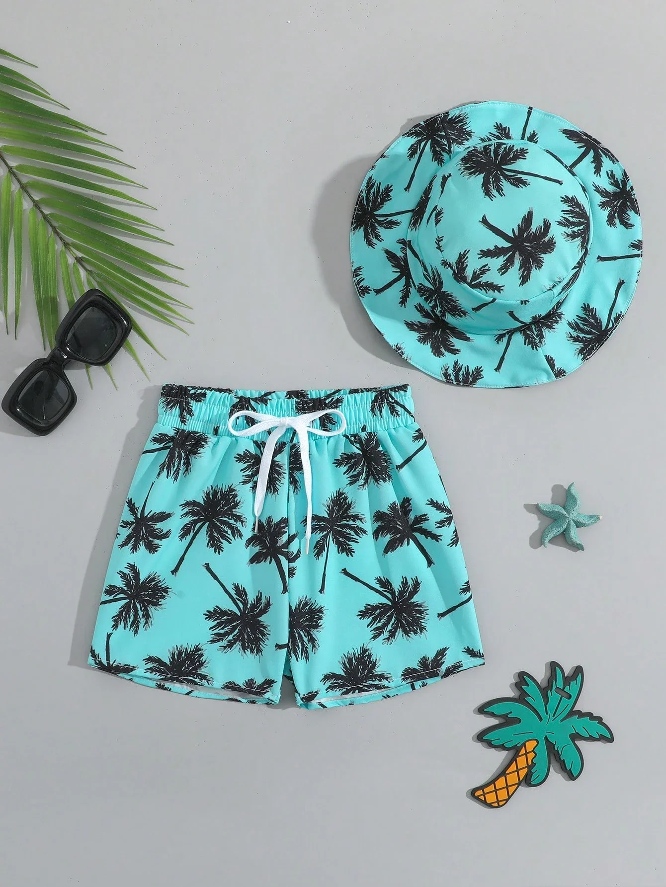 

Adult Tropical Palm Tree Print Swim Trunks And Hat 2pcs Set Beachwear