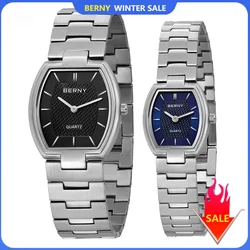 Relojes BERNY para parejas, vestido elegante clásico ultrafino, reloj de cuarzo Tonneau para hombres, reloj de pulsera de acero inoxidable para mujeres de negocios