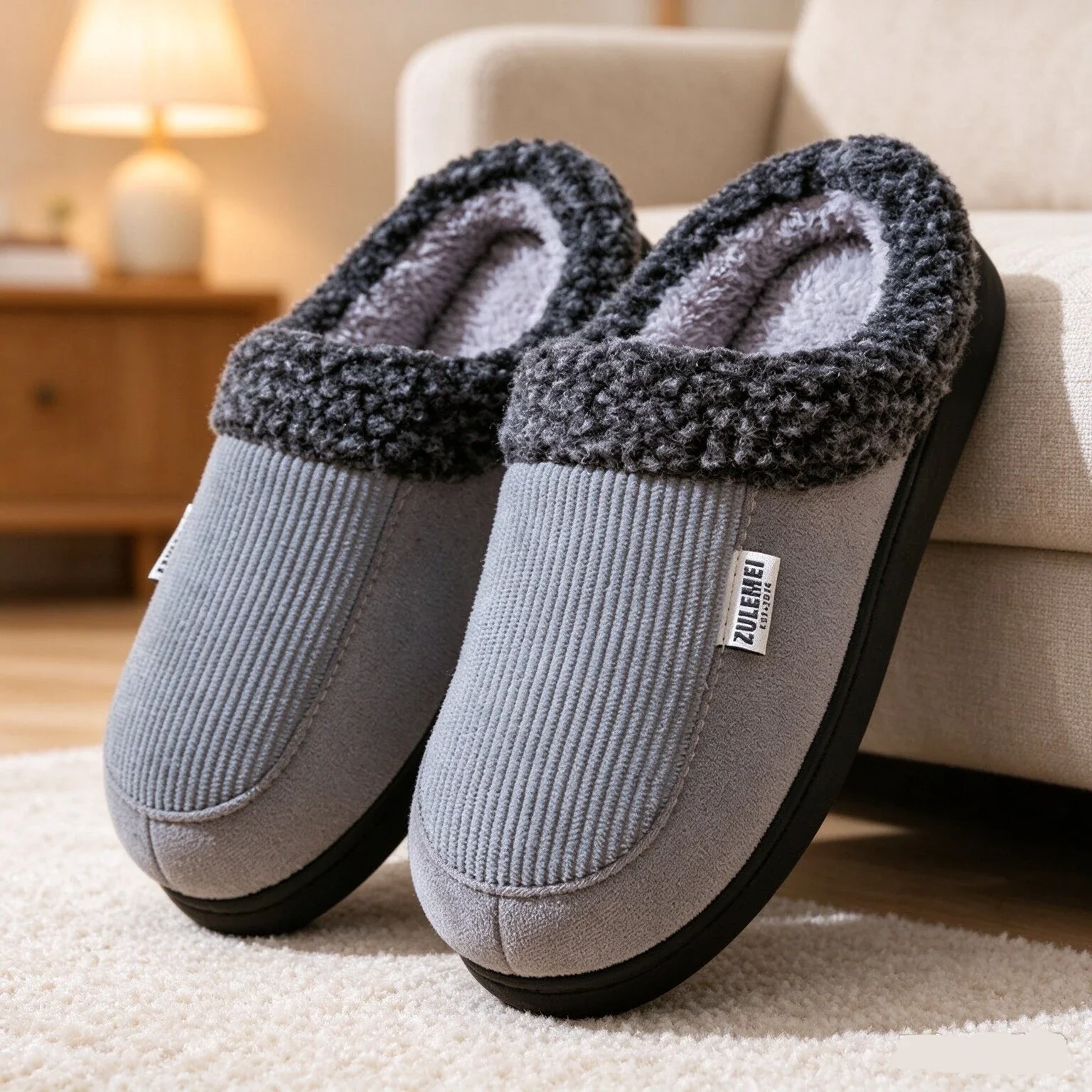 Winter Men's Knitted Slippers with Memory Cotton Shoe Pad Large Sole Flat Bottom TPR Anti-Slip Warm Comfortable Indoor Slip-On