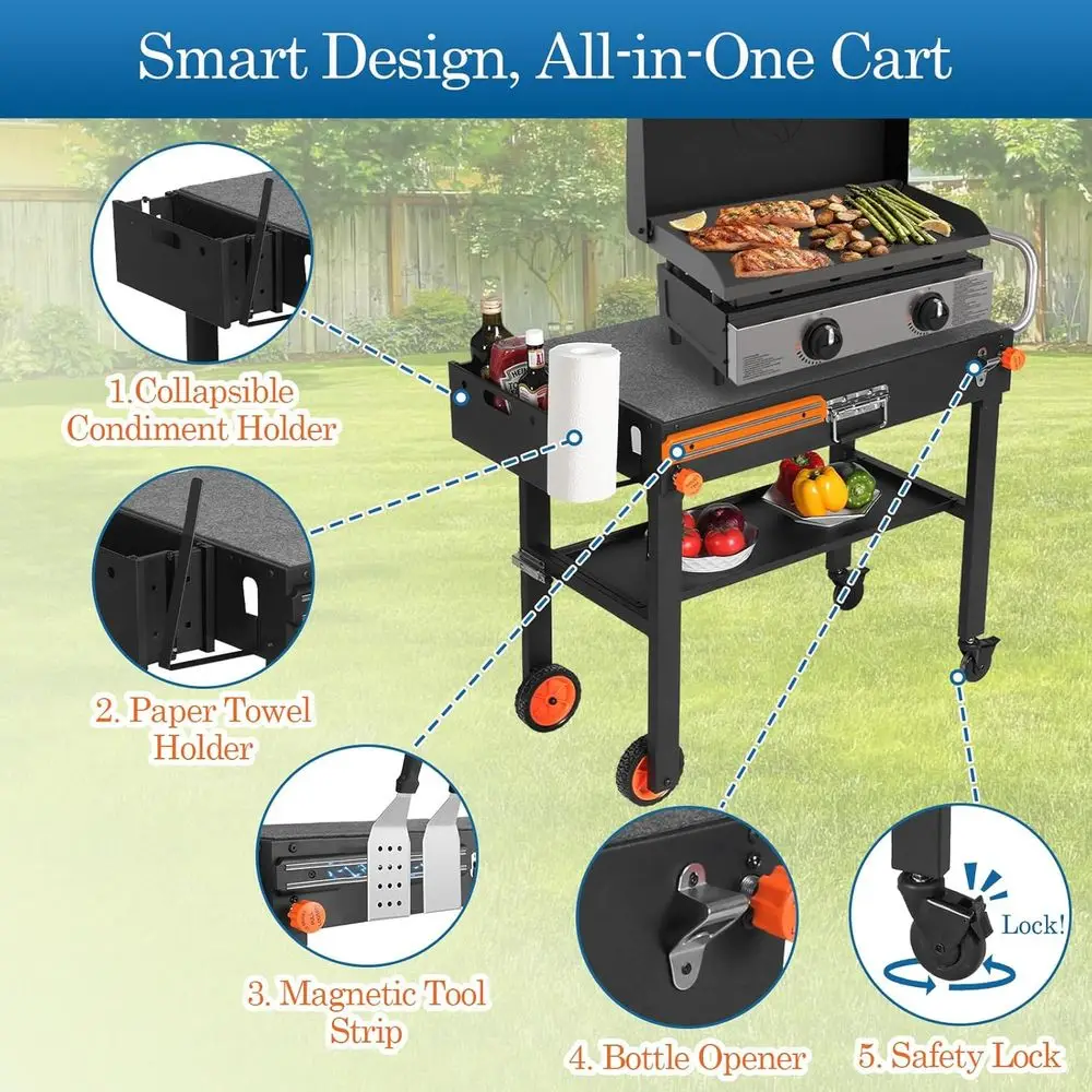 Портативная складная тележка для решеток 17–22 лет и 12 духовок для пиццы — универсальная, быстрая установка, 4 колеса, магнитная полоса (кемпинг и задний двор)