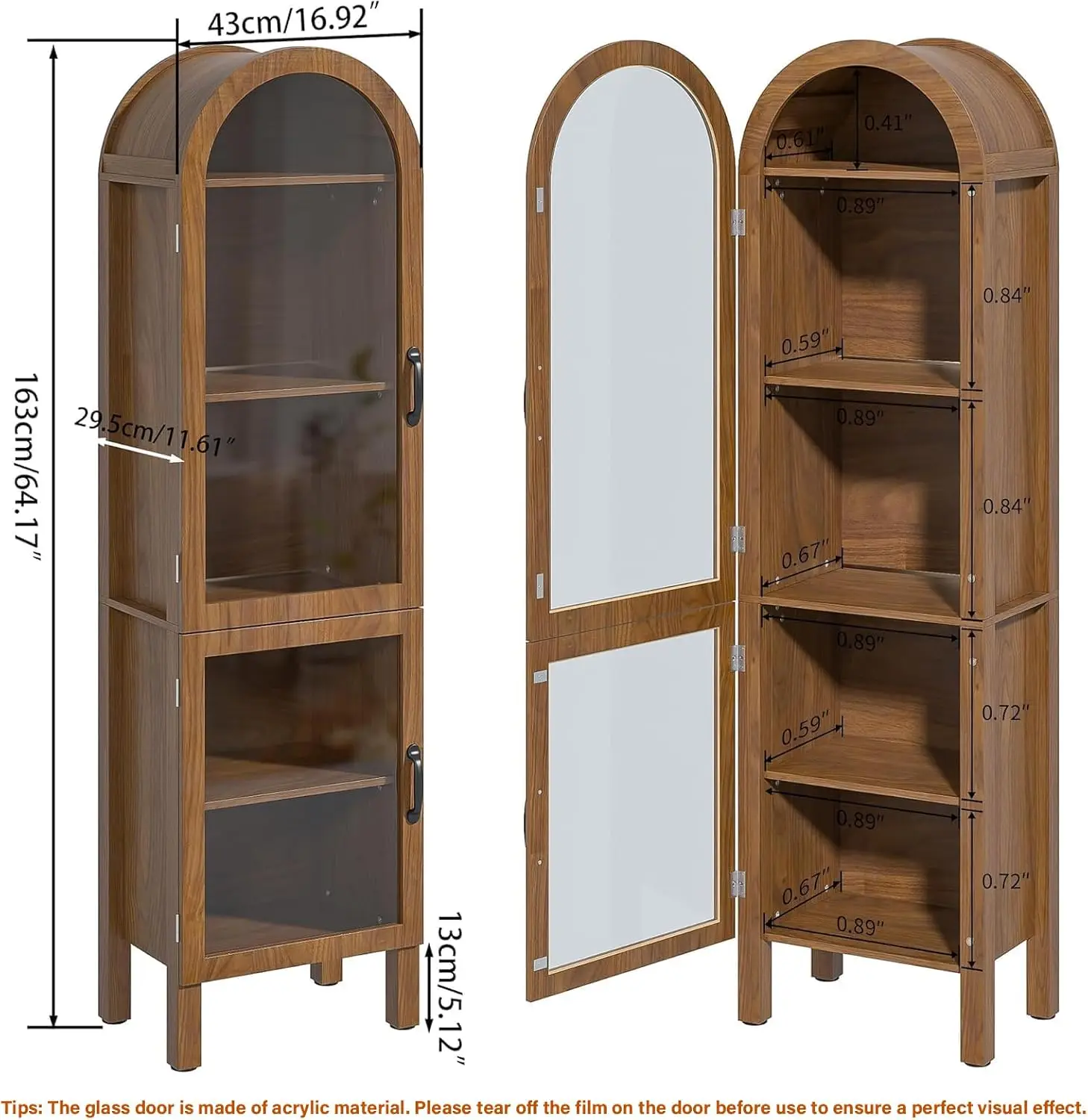 64.17 in Tall Arched Display Cabinet with Acrylic Glass Doors 5-Tier Kitchen Pantry Storage Cabinets Modern Wood Curio Cabinet B