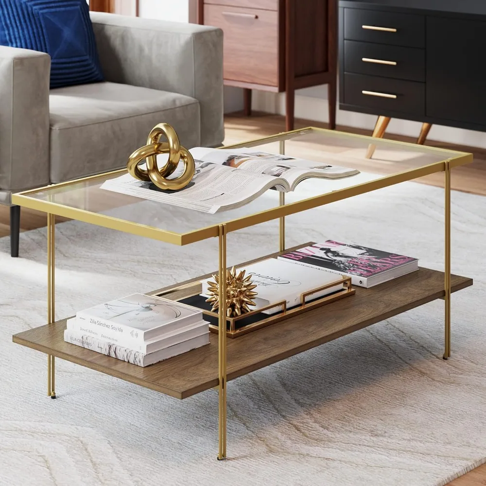 

James Asher Mid-Century Rectangle Coffee Table Glass Top and Rustic Oak Storage Shelf with Sleek Brass Metal Legs, Gold