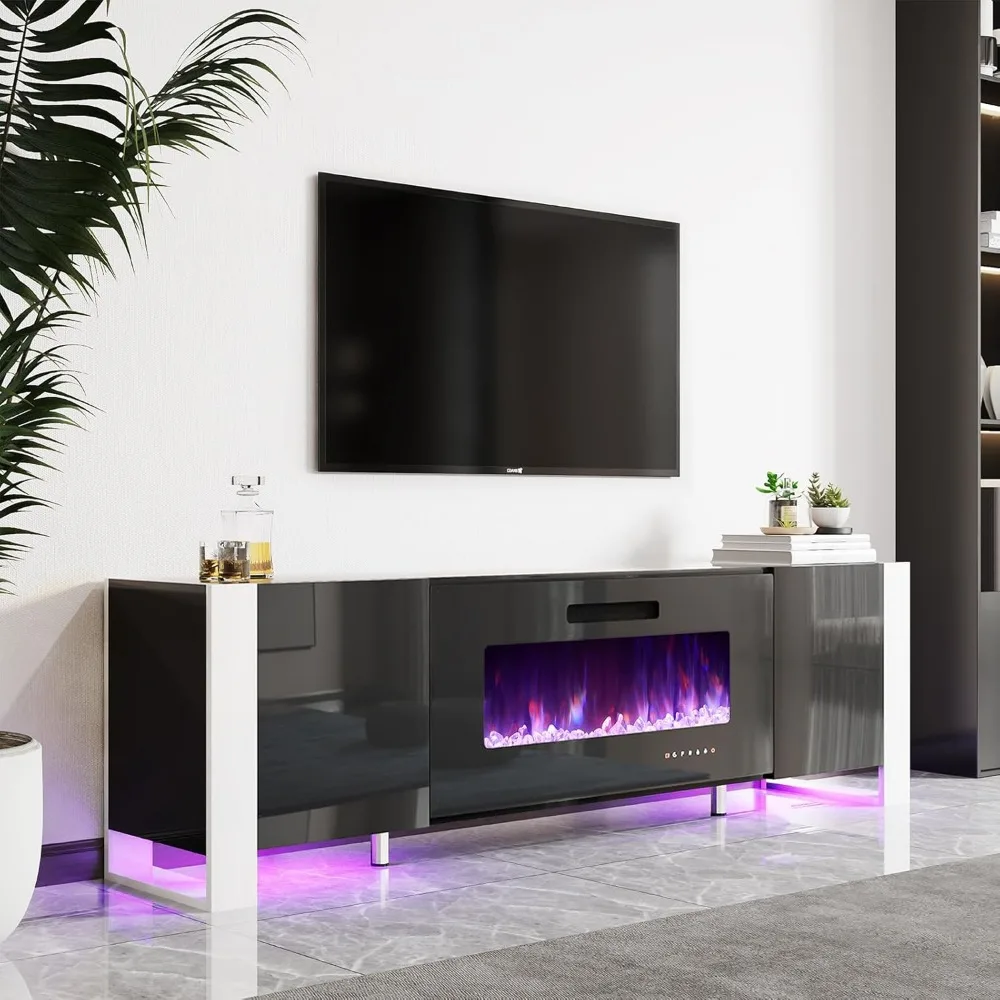 

70" Modern High Gloss Entertainment Center LED Lights, U-Shaped Legs TV Console Cabinet for TVs Up To 80", TV Stands