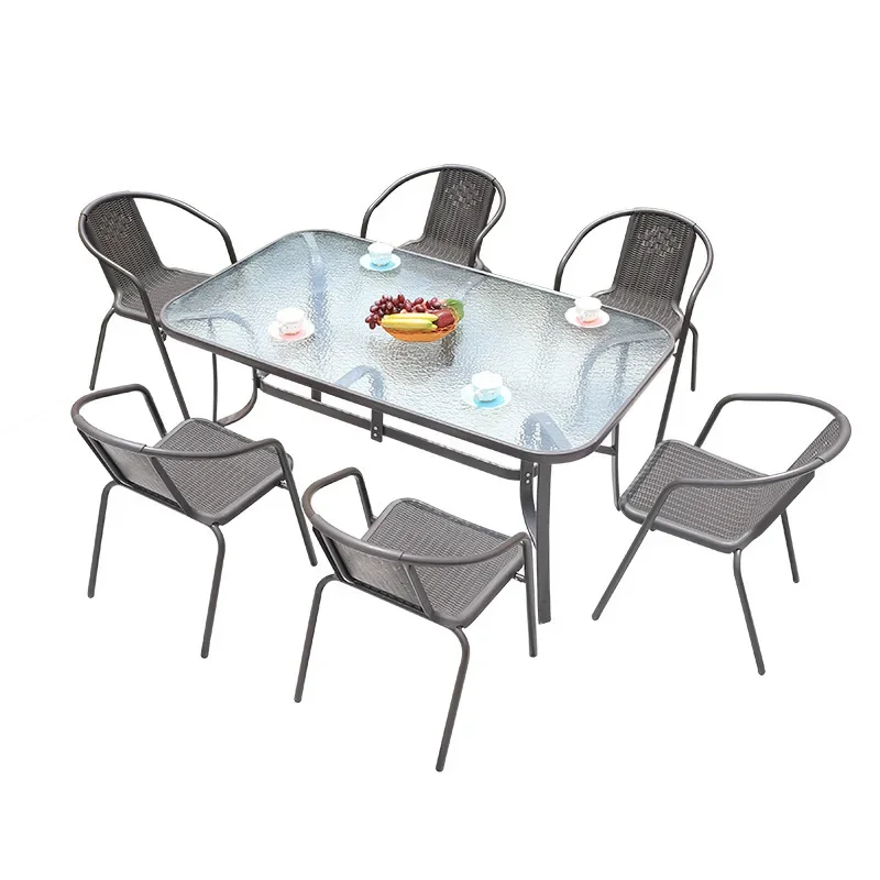 

Outdoor rattan chair three-piece coffee shop balcony leisure table and chair combination wrought iron chair metal coffee table o