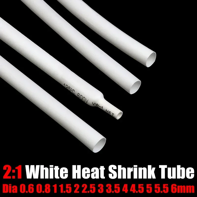 5M White Diameter 0.6 0.8 1 1.5 2 2.5 3 3.5 4 4.5 5 5.5 6 mm Polyolefin Heat Shrink Tube 2:1 Shrink Ratio Insulated Cable Sleeve