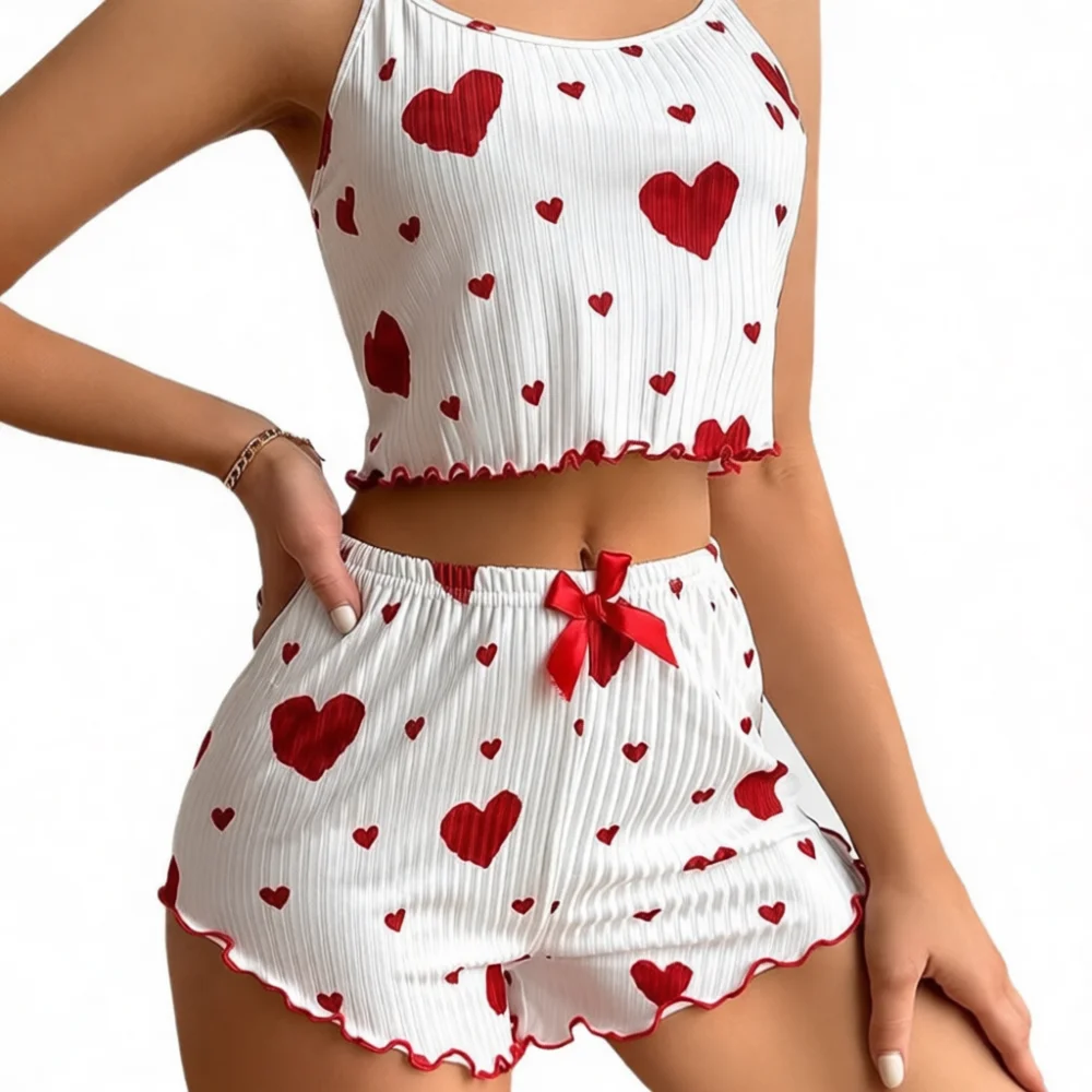 Ladies Sleeveless Sleepwear Set Cute Heart Printed Tank Top And Short Pants Comfy Breathable Homewear Romantic Night Suit