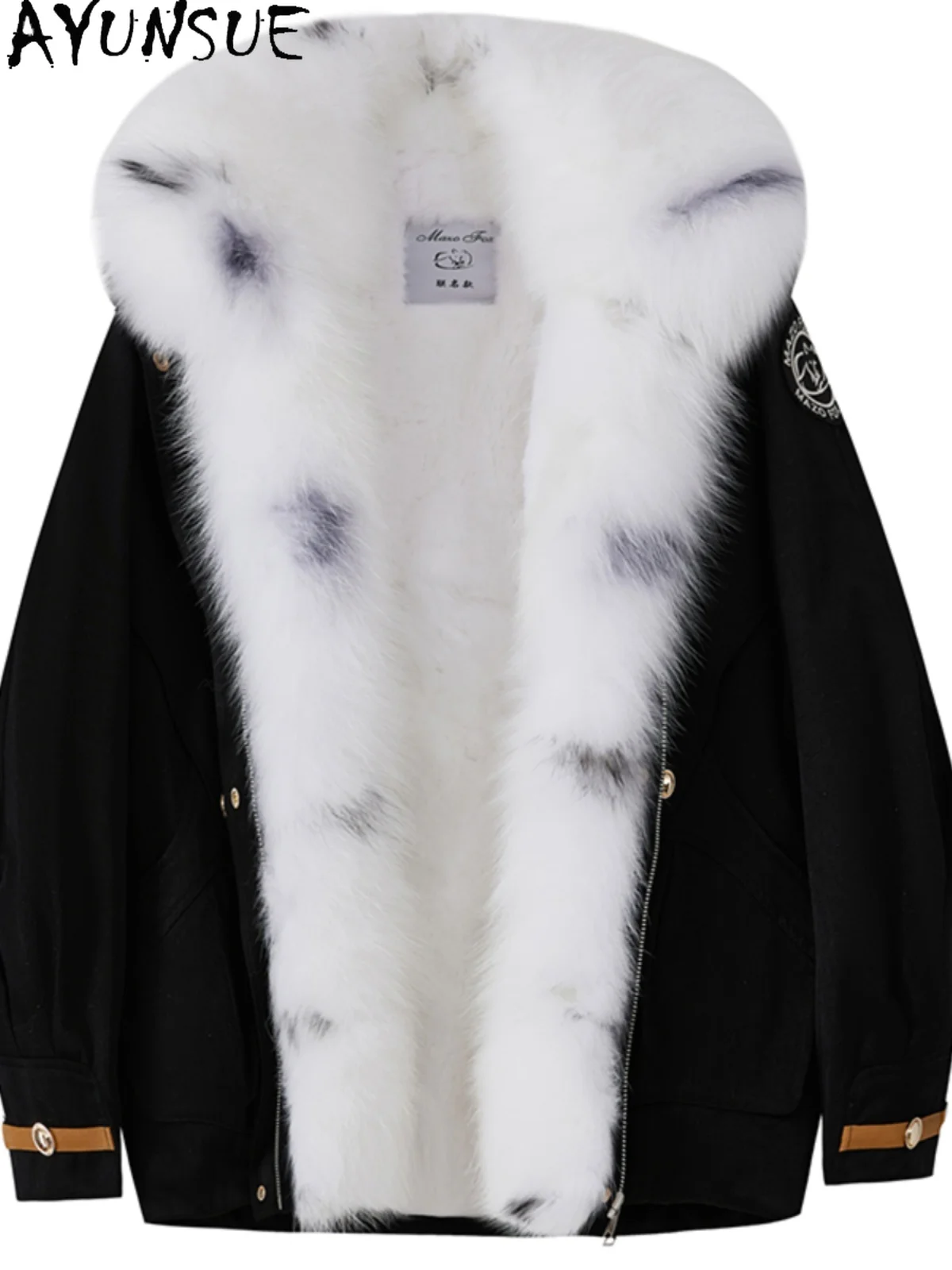 AYUNSUE Natürlicher Rex-Kaninchenfell-Parka für Damen, warmer Echtpelzmantel, neu in Mänteln, Winterkleidung, ganzer Fuchs-Pelzkragen, Jegavera