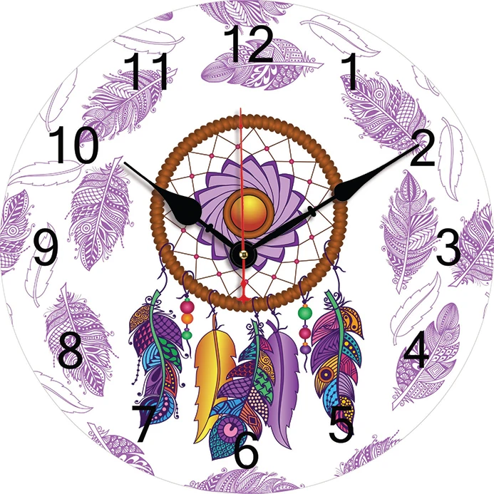 Dream Catcher Purple Feather Wall Clock Kitchen Decor Wall Art Silent Large Round Wall Clocks For Living Room Bedroom Office