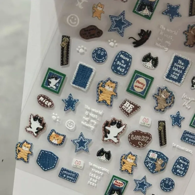 American Retro Denim Cat 3D Relief Stickers - DIY Cute Cartoon Decals for Phone Case & Camera Nail Art Mini Decoration for Girls