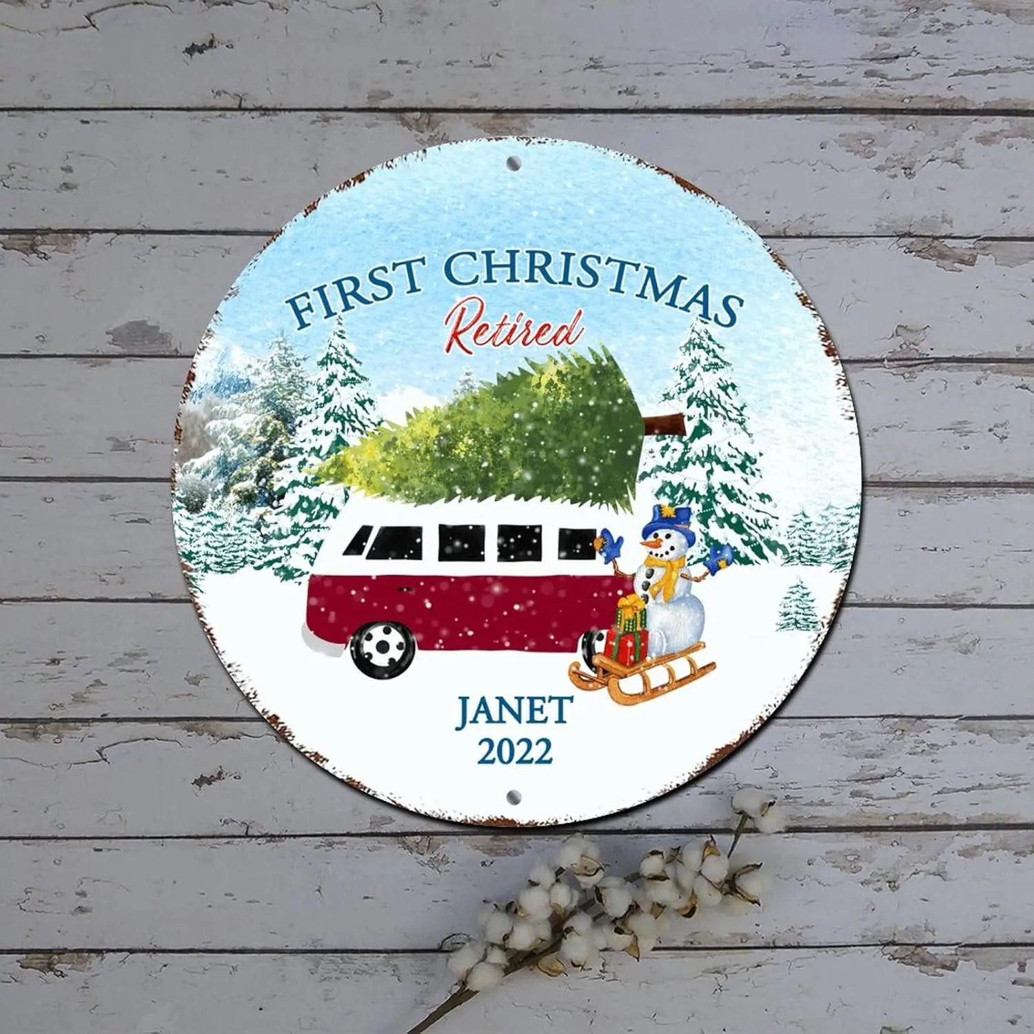 Christmas Wreath Signs First Christmas Retired Custom Name Red Truck Winter Scene Round Metal Tin Sign Christmas Door Decor Shab