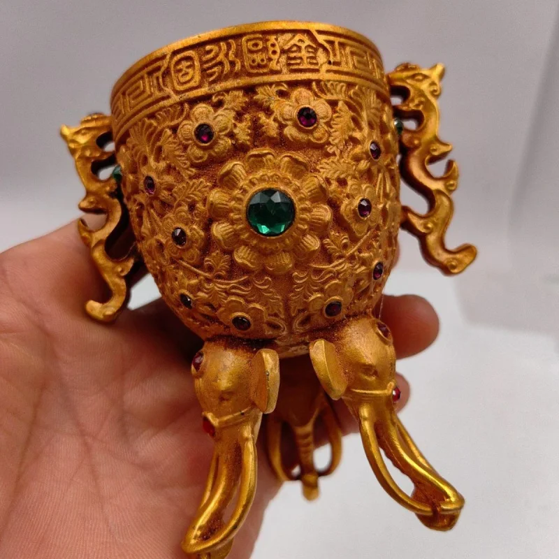 Old Bronze Gilded Gold Inlaid Gem Elephant Leg Wine Glass Collected for Many Years Fine Ornaments Antique Collection