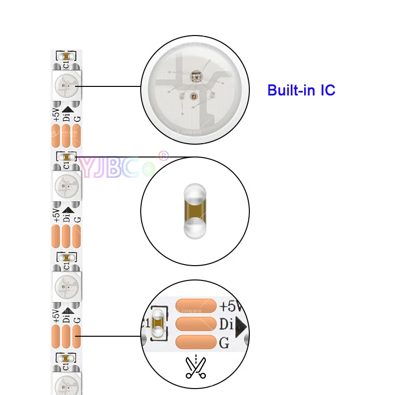 Bande lumineuse LED flexible, DC 5V, 5m, côté étroit 5mm PCB 5050 RGB pixel, adressable WS2812B WS2812, 60 diodes/m, bande lumineuse distillée IP30