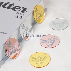 10Pcs Happy Easter Theme Mirror Acrylic Cake Toppers Rabbit Ear Baking Cupcake Topper for Happy Easter Party Dessert Decoration