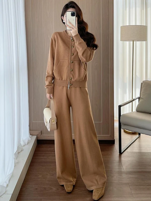 

Minimalist Casual Women's Long Sleeve Knitted Cardigan High Waist Wide Leg Pants Two Piece Set Spring New Style Simple Elegant