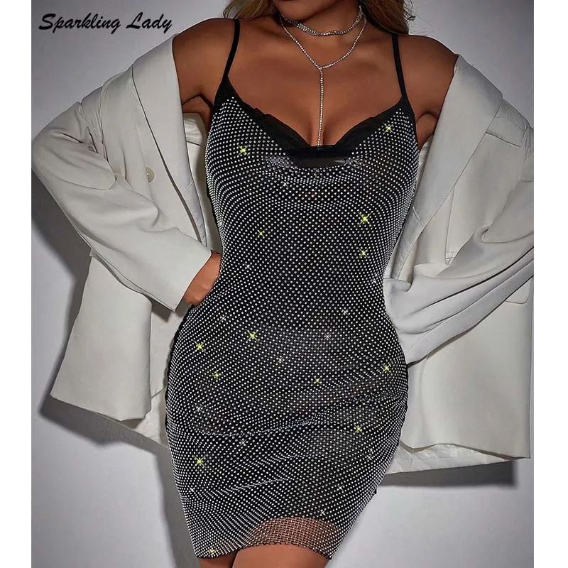 

Elegant Crystal Bodycon Mini Dress Women Skinny Sleeveless Spaghetti Strap Rhinestone Fishnet Dresses for Party Street wear