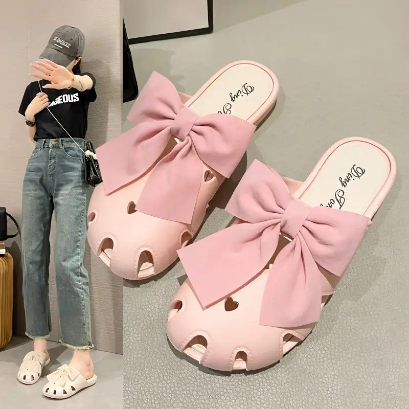 Summer Cute Woman Slippers Mules Slides Kawaii Sandals With Bow Shoes For Women 2024 Round Toe Pink Flat H Sandal Chic Point Hot