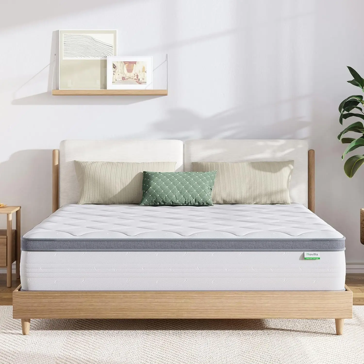 Queen Size 12 Inch Hybrid Mattress with Comfort Foam and Innerspring Pillow, Paired with 14 Inch Metal Platform Queen Bed Frame with Under-Bed Storage Space