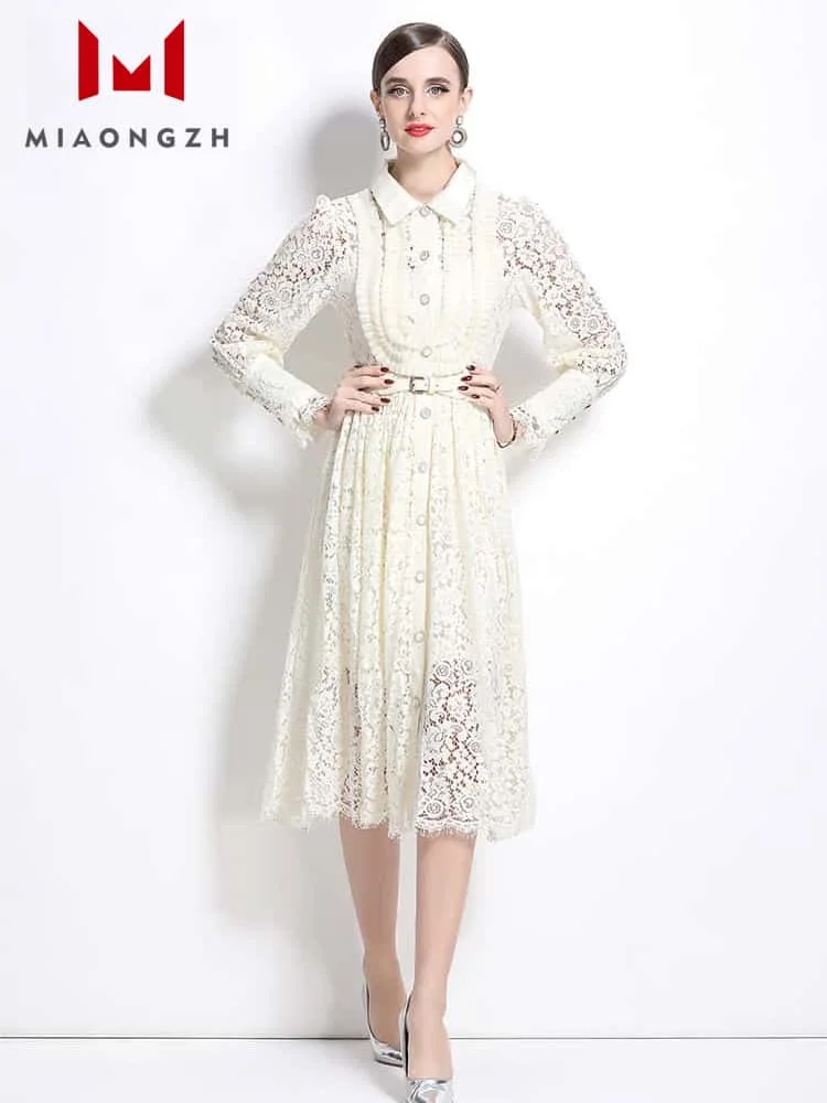 Fashion Vintage Hook Flower Hollow Dresses For Women Turn Down Collar Long Sleeve Slim Lace 2025 Spring New Female Party Dress