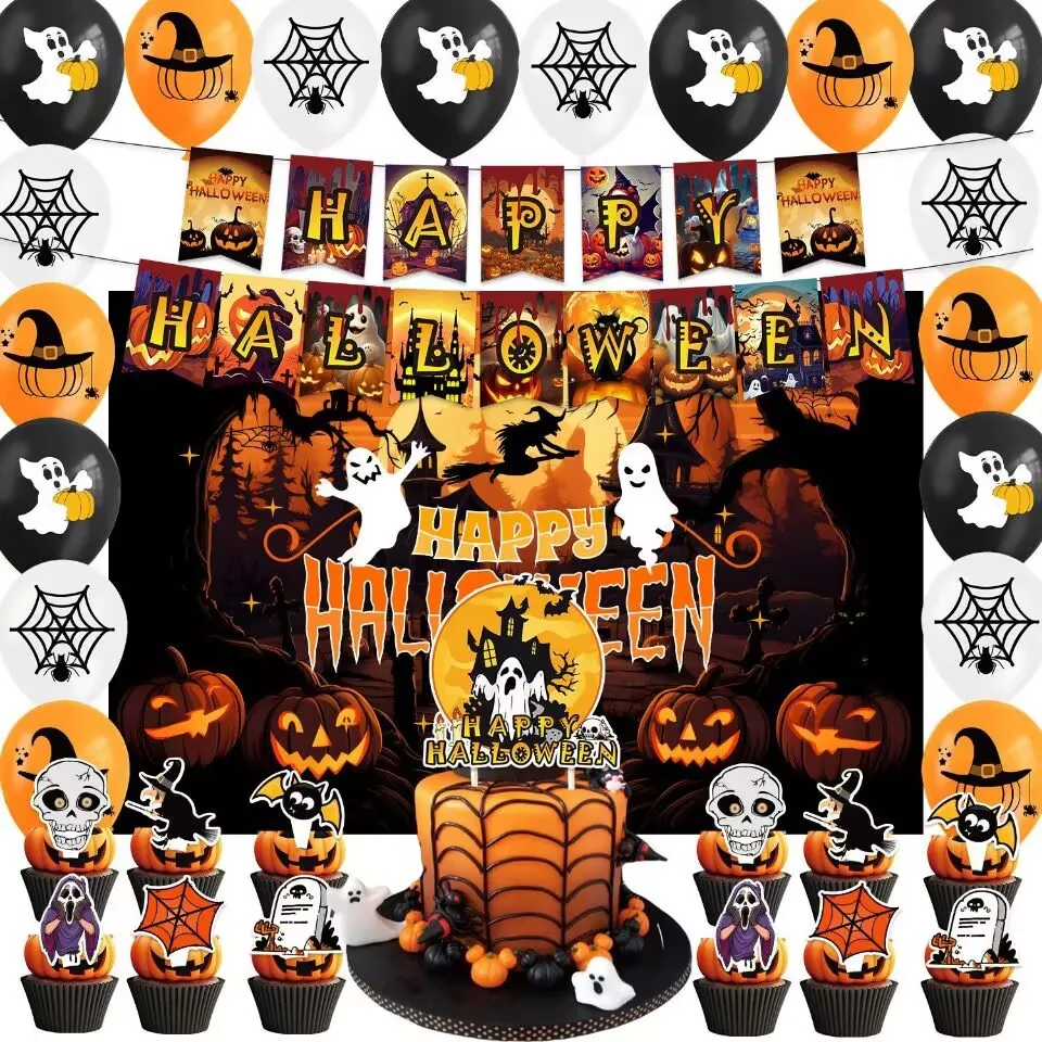 

New Halloween Birthday Party Decoration Flag Pulling Balloon Background Cloth Cake Arrangement Pumpkin Party Supplies