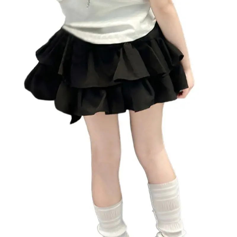 تنورة منفوشة مرنة عالية الخصر للفتيات على طراز Preppy تنورة مزدوجة الطبقات بطيات مكشكشة بحافة كعكة صغيرة تنورة لطيفة Y2K