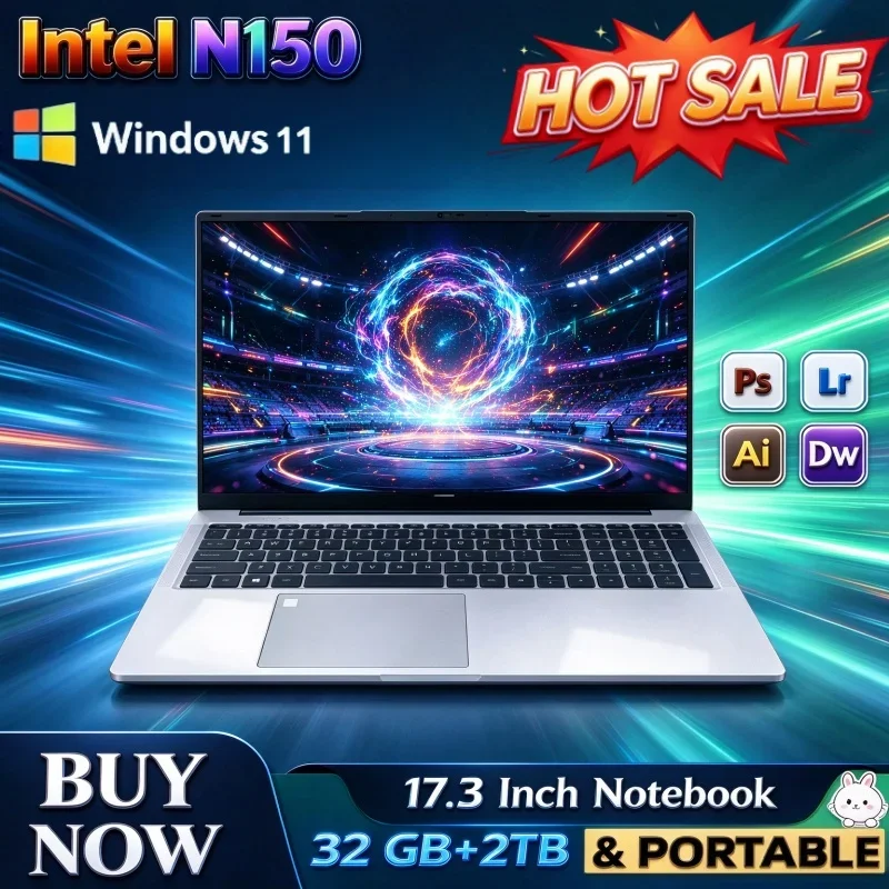 Cheap 17.3 Inch Portable Laptop Intel N150 Win11 32GB RAM 2TB SSD FHD WiFi6 BT5.2 Fingerprint Unlock PC For Online Class Office