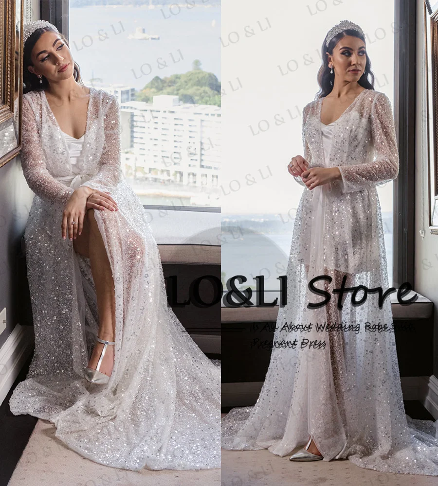 LO&LI Sequins Bridal Robe Wedding Luxury 2023 Floor Length Wedding Gown For Women Bride Customized Birthday Photo Shoot Outfit