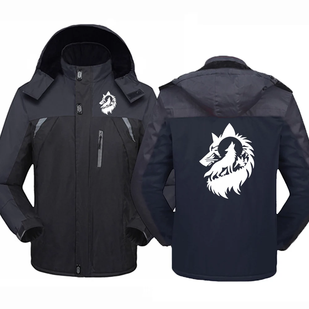 Men's 2026 Wolf Moon Logo Print Thicken Winter Jackets Fleece Long Sleeve Coat Man Casual Hoodies Streetwear Jacket Hoodies