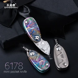 SANRENMU 6178 Mini Jewelry Pendant Folding Knife Damascus Steel Blade Titanium Edc Outdoor Camping Exquisite Necklace Knives