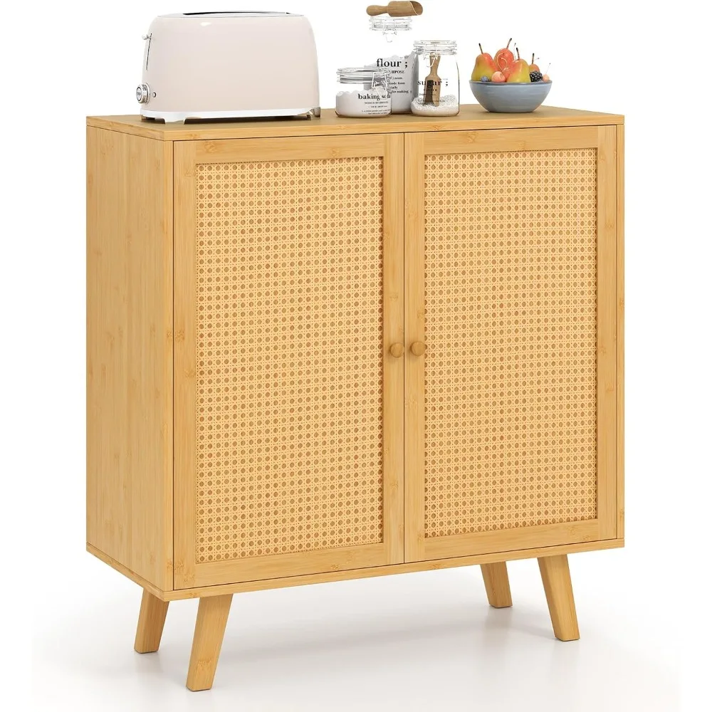 

Bamboo Buffet Cabinet, Boho Storage Sideboard with PE Rattan Doors, Freestanding Kitchen Cupboard, Coffee Bar Accent Cabinet